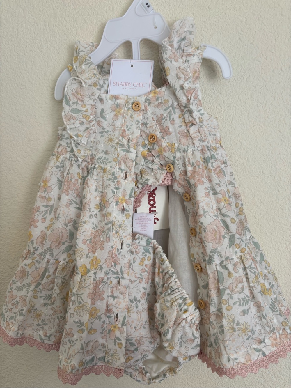 Shabby Chic Cream Baby Dress with Pink & Yellow Floral Print